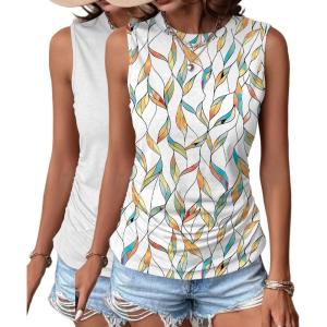 Zeagoo Womens Ruched Tank Tops Summer Dressy Casual Crewneck Sleeveless Shirts S-XXL(2 Pack-yellow Green Leaves and White)
