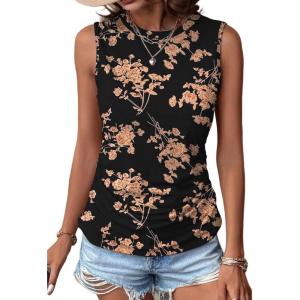Zeagoo Womens Ruched Tank Tops Summer Dressy Casual Crewneck Sleeveless Shirts S-XXL(Black Orange Flower)