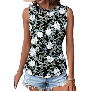 Zeagoo Womens Ruched Tank Tops Summer Dressy Casual Crewneck Sleeveless Shirts S-XXL(Black White Blue Flower)