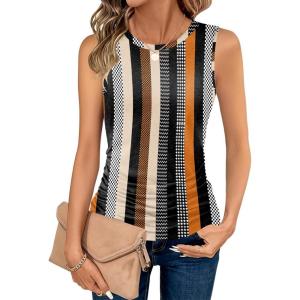 Zeagoo Womens Ruched Tank Tops Summer Dressy Casual Crewneck Sleeveless Shirts S-XXL(Black White Orange Khaki Stripe)