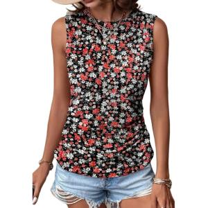 Zeagoo Womens Ruched Tank Tops Summer Dressy Casual Crewneck Sleeveless Shirts S-XXL(Black White Red Flower)
