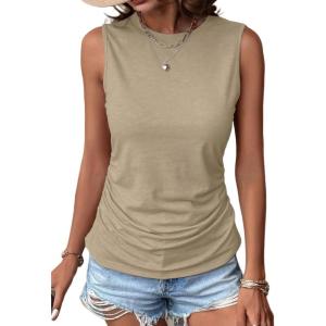 Zeagoo Womens Ruched Tank Tops Summer Dressy Casual Crewneck Sleeveless Shirts S-XXL(Khaki)