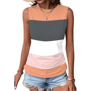 Zeagoo Womens Ruched Tank Tops Summer Dressy Casual Crewneck Sleeveless Shirts S-XXL(Orange Pink Grey White Stripe)