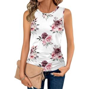 Zeagoo Womens Ruched Tank Tops Summer Dressy Casual Crewneck Sleeveless Shirts S-XXL(Pink Green Flower)