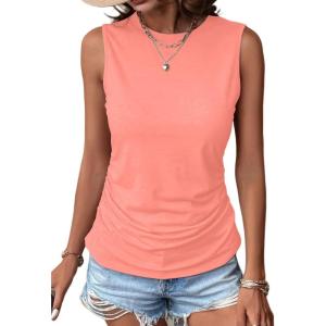 Zeagoo Womens Ruched Tank Tops Summer Dressy Casual Crewneck Sleeveless Shirts S-XXL(Rose Red)