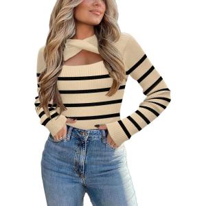 Zeagoo Womens Short Sleeve T Shirts 2026 Summer Casual Knit Slim Fit Trendy Basic Cute Sweater Tops(Apricot Black Stripe)