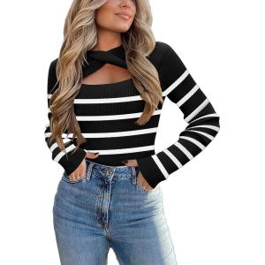 Zeagoo Womens Short Sleeve T Shirts 2026 Summer Casual Knit Slim Fit Trendy Basic Cute Sweater Tops(Black White Stripe)