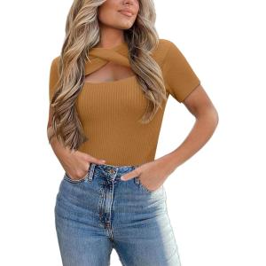 Zeagoo Womens Short Sleeve T Shirts 2026 Summer Casual Knit Slim Fit Trendy Basic Cute Sweater Tops(Camel)