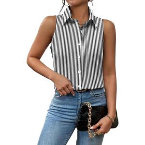 Zeagoo Women’s Sleeveless Button Down Shirts Blouses Casual Loose V Neck Tank Tops for Work S-XXL(Stripe02)