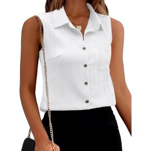 Zeagoo Womens Sleeveless Button Down Shirts V Neck Solid Tank Tops Basic Loose Blouses Casual Office Shirts(A White)