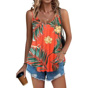 Zeagoo Women’s Spaghetti Strap Tank Tops Flowy V Neck Dressy Sexy Sleeveless Summer Floral Printed Loose Fit Camisole Coral Orange, Medium