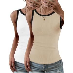 Zeagoo Womens Tank Top Racerback Crowl Neck Casual Basic Ribbed Knit Fitted Sleeveless Shirts S-XXL(Beige& Black White)
