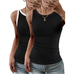 Zeagoo Womens Tank Top Racerback Crowl Neck Casual Basic Ribbed Knit Fitted Sleeveless Shirts S-XXL(Black&white Black)