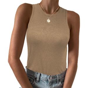 Zeagoo Womens Tank Top Racerback Crowl Neck Casual Basic Ribbed Knit Fitted Sleeveless Shirts S-XXL(Pure Khaki)