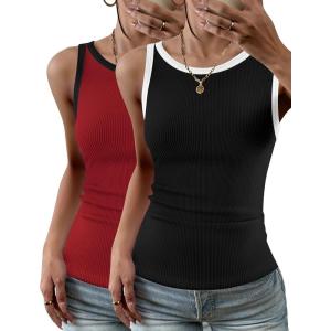 Zeagoo Womens Tank Top Racerback Crowl Neck Casual Basic Ribbed Knit Fitted Sleeveless Shirts S-XXL(Red&white Black)