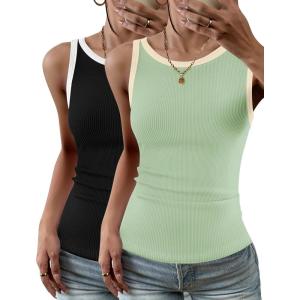 Zeagoo Womens Tank Top Racerback Crowl Neck Casual Basic Ribbed Knit Fitted Sleeveless Shirts S-XXL(White Black&green)