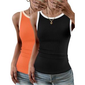 Zeagoo Womens Tank Top Racerback Crowl Neck Casual Basic Ribbed Knit Fitted Sleeveless Shirts S-XXL(White Black&orange)