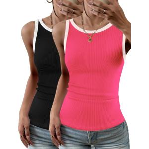 Zeagoo Womens Tank Top Racerback Crowl Neck Casual Basic Ribbed Knit Fitted Sleeveless Shirts S-XXL(White Black&rose Red)