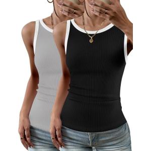 Zeagoo Womens Tank Top Racerback Crowl Neck Casual Basic Ribbed Knit Fitted Sleeveless Shirts S-XXL(White Black&white Grey)