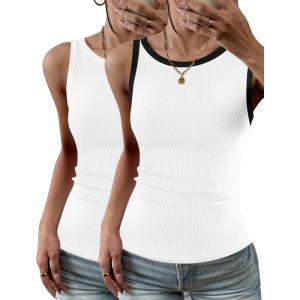Zeagoo Womens Tank Top Racerback Crowl Neck Casual Basic Ribbed Knit Fitted Sleeveless Shirts S-XXL(White&black White)