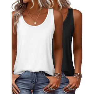 Zeagoo Womens Tank Tops Flowy Loose Fit Scoop Neck Casual Summer Tops Curvy Hem(Black&white)