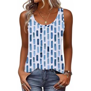 Zeagoo Womens Tank Tops Flowy Loose Fit Scoop Neck Casual Summer Tops Curvy Hem(White Blue Print)
