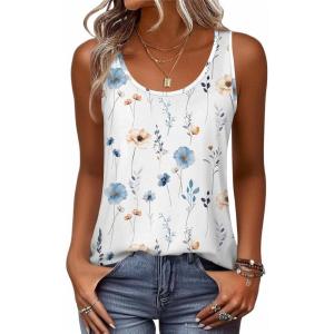 Zeagoo Womens Tank Tops Flowy Loose Fit Scoop Neck Casual Summer Tops Curvy Hem(White Floral)