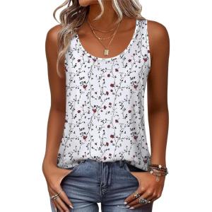 Zeagoo Womens Tank Tops Flowy Loose Fit Scoop Neck Casual Summer Tops Curvy Hem(White Red Flower)
