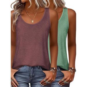 Zeagoo Womens Tank Tops Flowy Loose Fit Scoop Neck Casual Summer Tops Curvy Hem(Wine&green)
