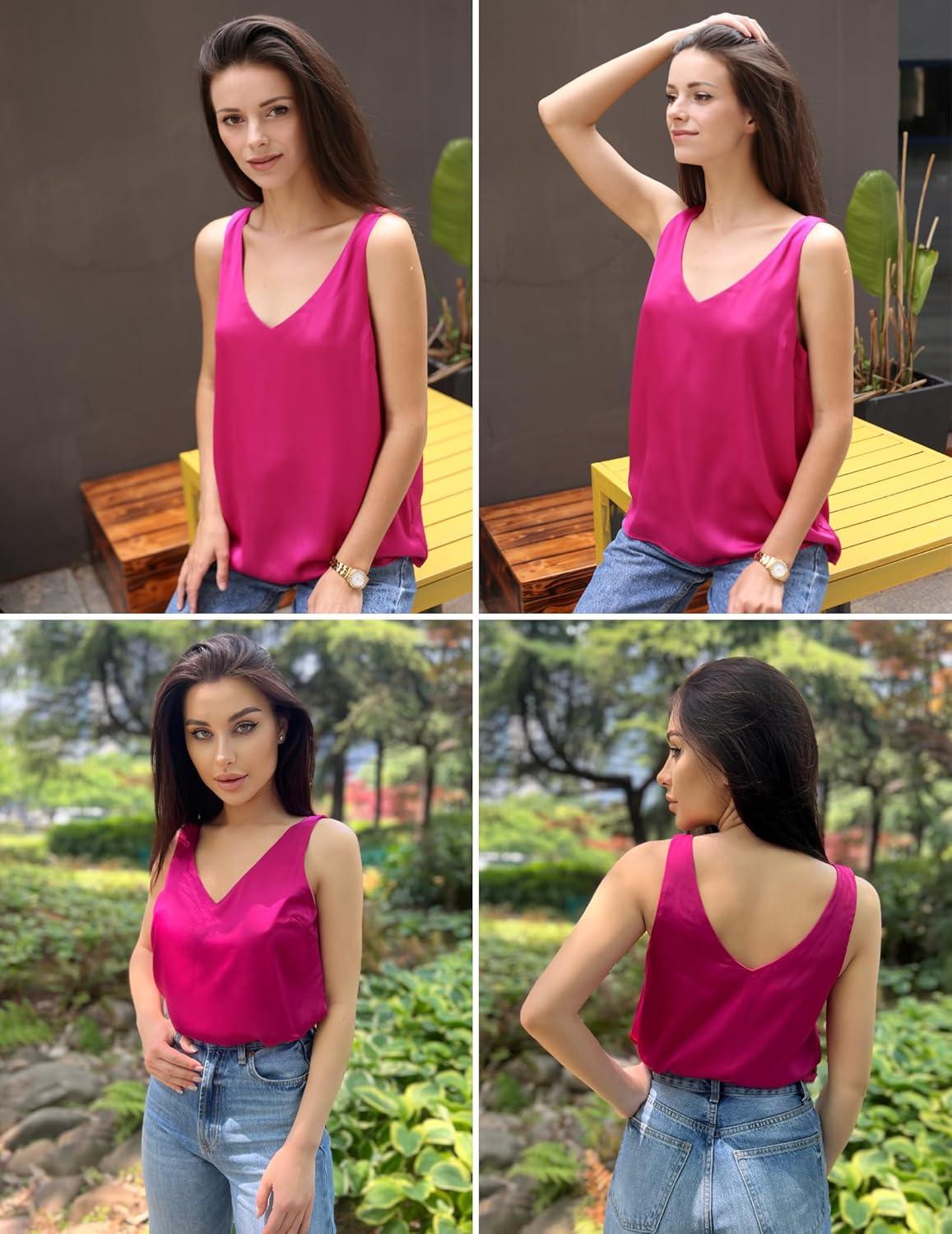 imageZeagoo Women 2026 Silk Satin Tank Top Casual V Neck Camisole Blouses Loose Sleeveless Cami Basic Tank ShirtRose Red