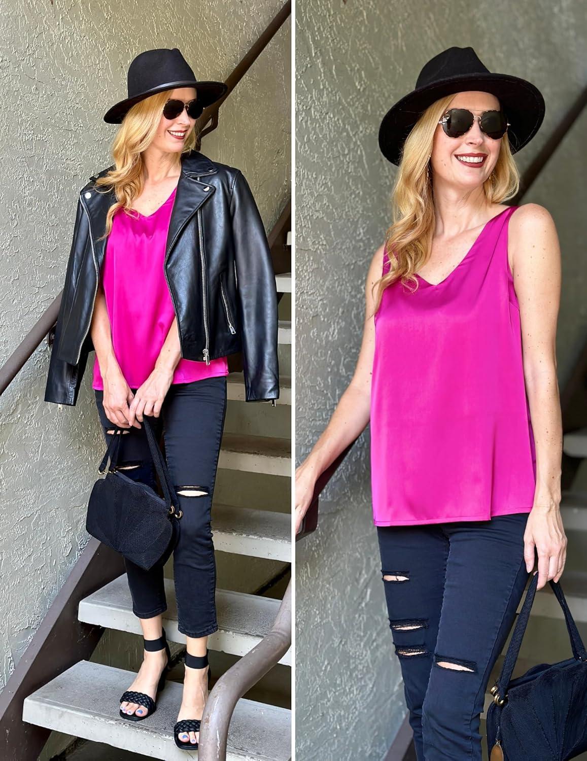 imageZeagoo Women 2026 Silk Satin Tank Top Casual V Neck Camisole Blouses Loose Sleeveless Cami Basic Tank ShirtRose Red