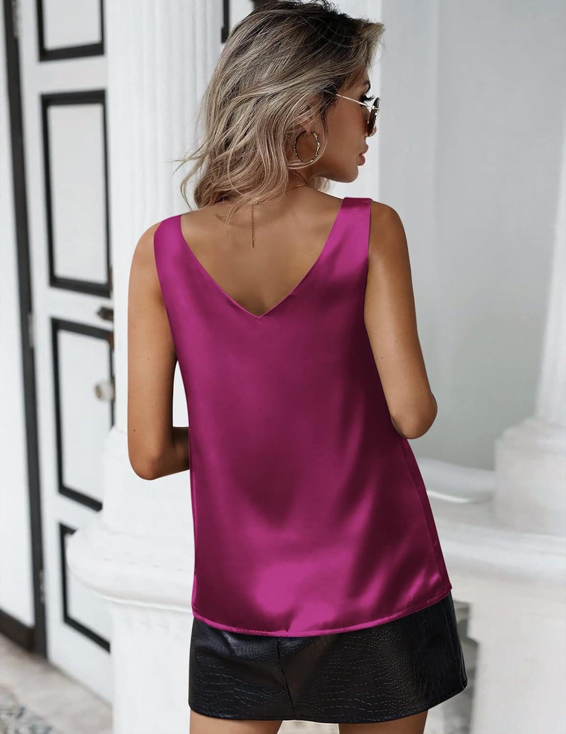 imageZeagoo Women 2026 Silk Satin Tank Top Casual V Neck Camisole Blouses Loose Sleeveless Cami Basic Tank ShirtRose Red
