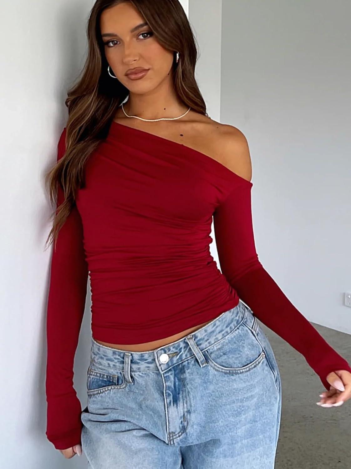 imageZeagoo Womens Long Sleeve Off The Shoulder Casual Crop Tops Boat Neck Going Out Slim Fit Sexy T Shirts 2026Wine Red