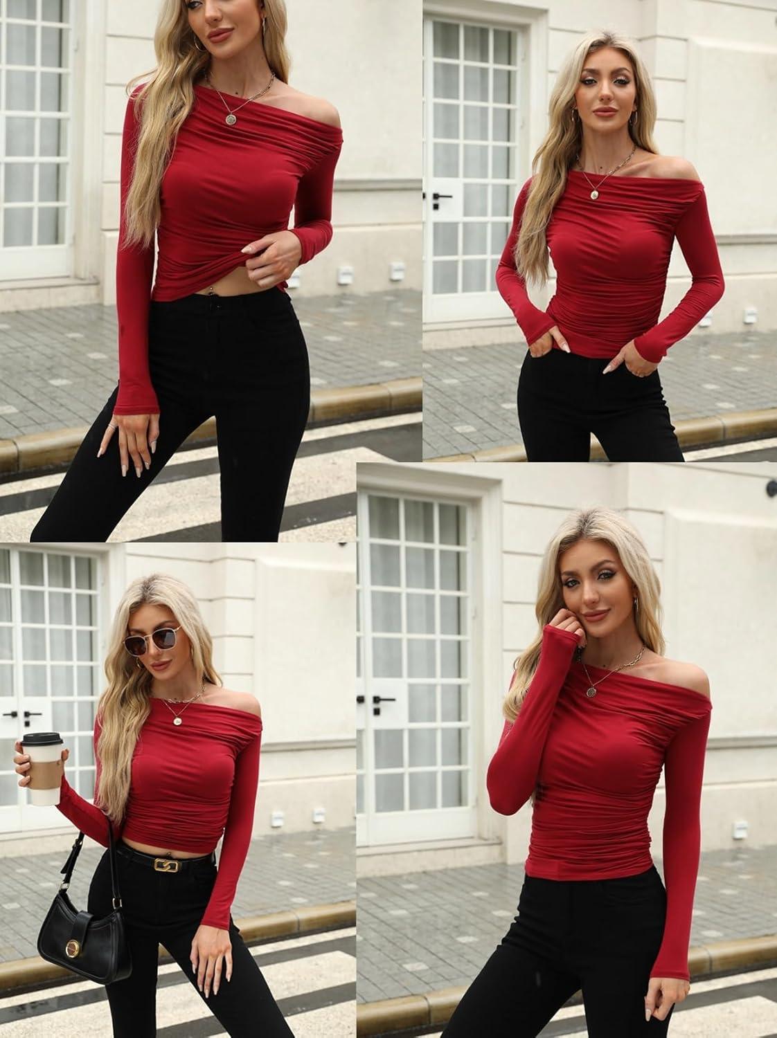 imageZeagoo Womens Long Sleeve Off The Shoulder Casual Crop Tops Boat Neck Going Out Slim Fit Sexy T Shirts 2026Wine Red