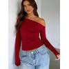 Zeagoo Womens Long Sleeve Off The Shoulder Casual Crop Tops Boat Neck Going Out Slim Fit Sexy T Shirts 2026(Wine Red)
