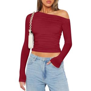 Zeagoo Womens Long Sleeve Off The Shoulder Casual Crop Tops Boat Neck Going Out Slim Fit Sexy T Shirts 2026(Wine Red)