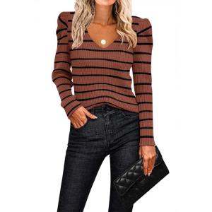 Zeagoo Fall Sweaters for Women 2024 Casual Long Sleeve Shirts V Neck Pullover Puff Slim Fit Tops