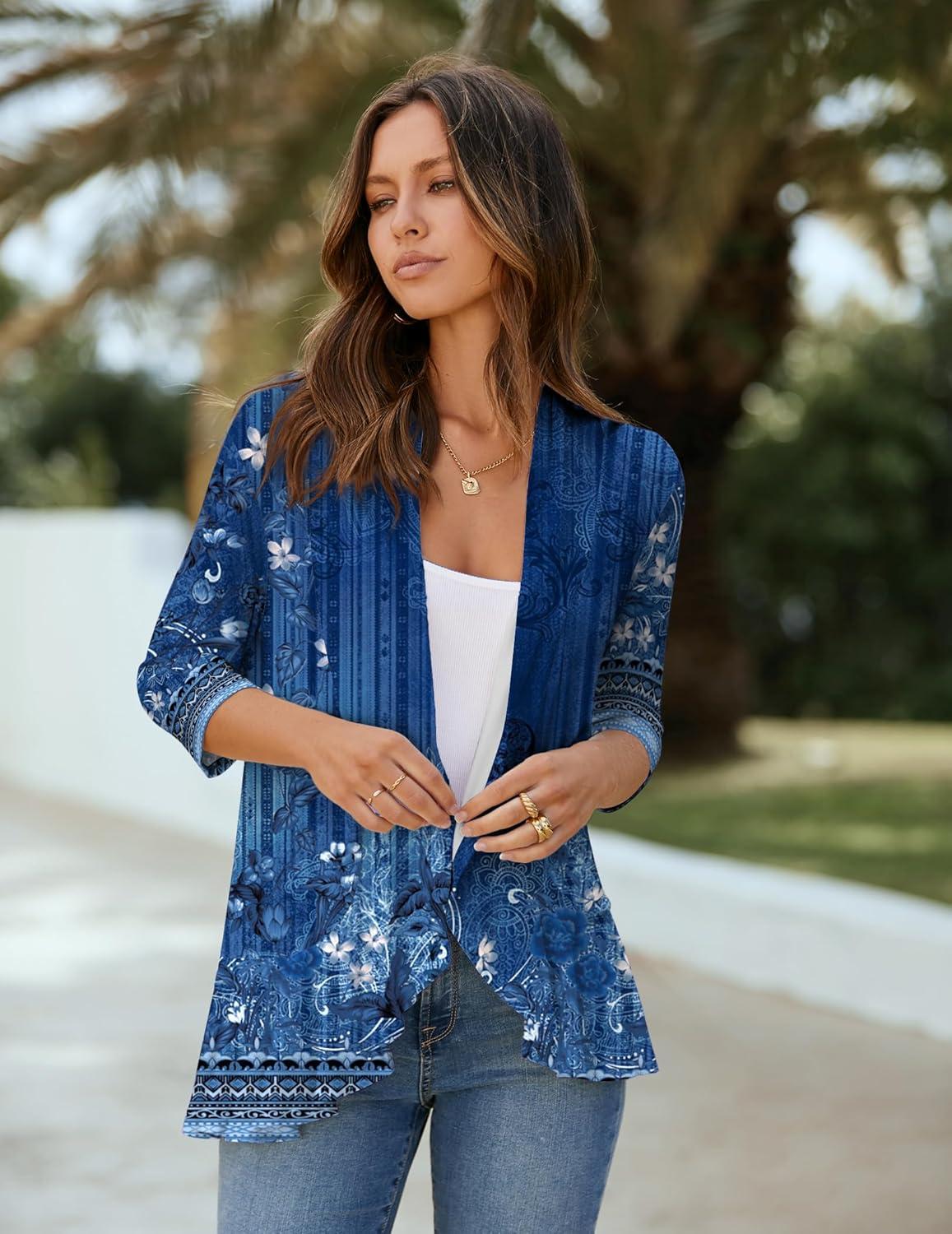 imageZeagoo Womens Open Front Cardigan 34 Sleeve Draped Ruffles Soft Knit Sweaters S3XLFloral Navy