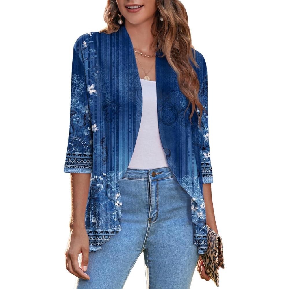 imageZeagoo Womens Open Front Cardigan 34 Sleeve Draped Ruffles Soft Knit Sweaters S3XLFloral Navy