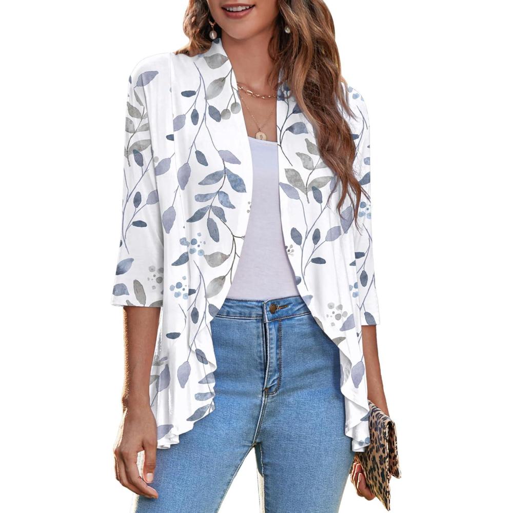 imageZeagoo Womens Open Front Cardigan 34 Sleeve Draped Ruffles Soft Knit Sweaters S3XLFloral White
