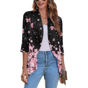 Zeagoo Women’s Open Front Cardigan 3/4 Sleeve Draped Ruffles Soft Knit Sweaters S-3XL(Floral Pink)