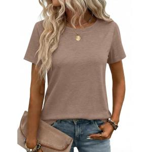 Zeagoo Womens Tshirt Short Sleeve Summer Tops Crewneck Casual Basic Tee Shirts Spring Clothes Trendy Outfit(Khaki)
