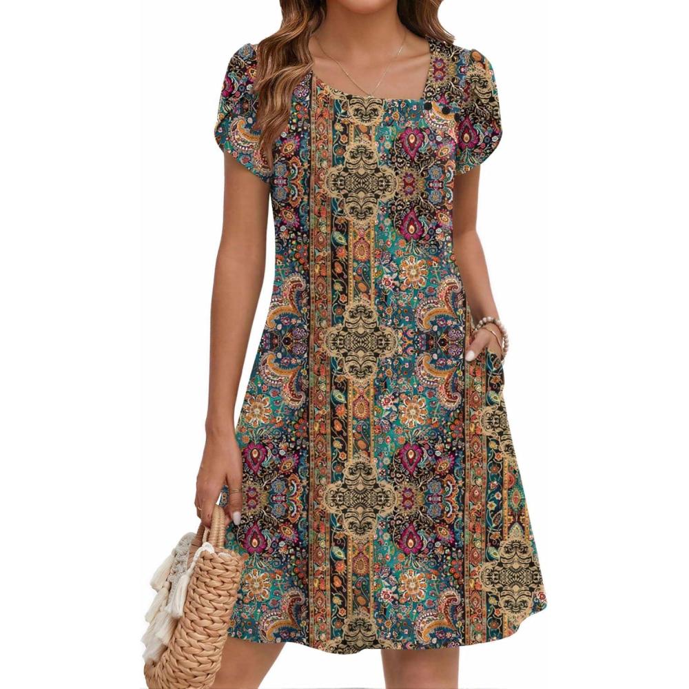 imageZEAGOO Summer Dresses for Women 2026 Sundress Short Petal Sleeve Dress with Pockets Floral Dresses for CasualAfloralmz721