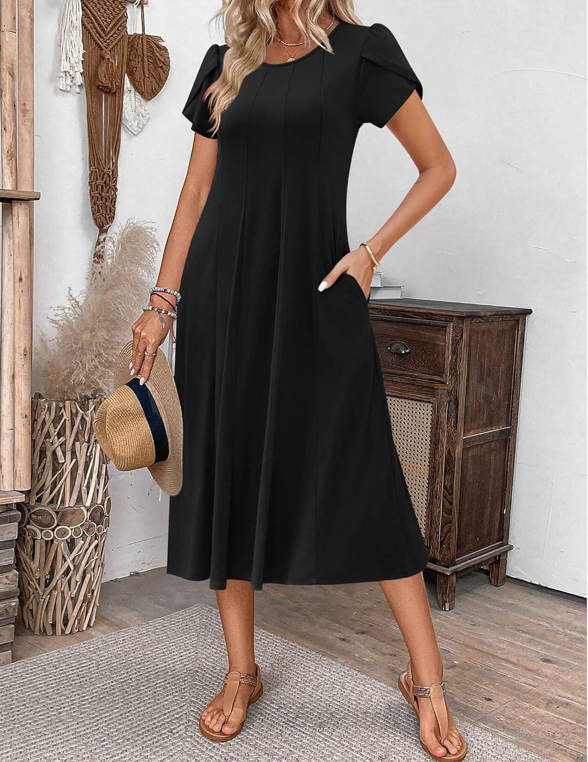 imageZEAGOO Womens Casual Dresses for Summer Short Sleeve Flare Midi Dress Loose Flowy Beach Sundress2501 Ablack