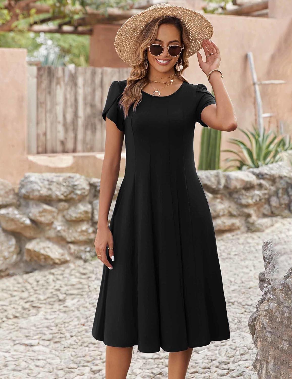 imageZEAGOO Womens Casual Dresses for Summer Short Sleeve Flare Midi Dress Loose Flowy Beach Sundress2501 Ablack