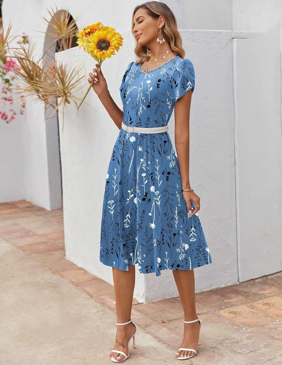 imageZEAGOO Womens Casual Dresses for Summer Short Sleeve Flare Midi Dress Loose Flowy Beach Sundress2602 Blue Flower