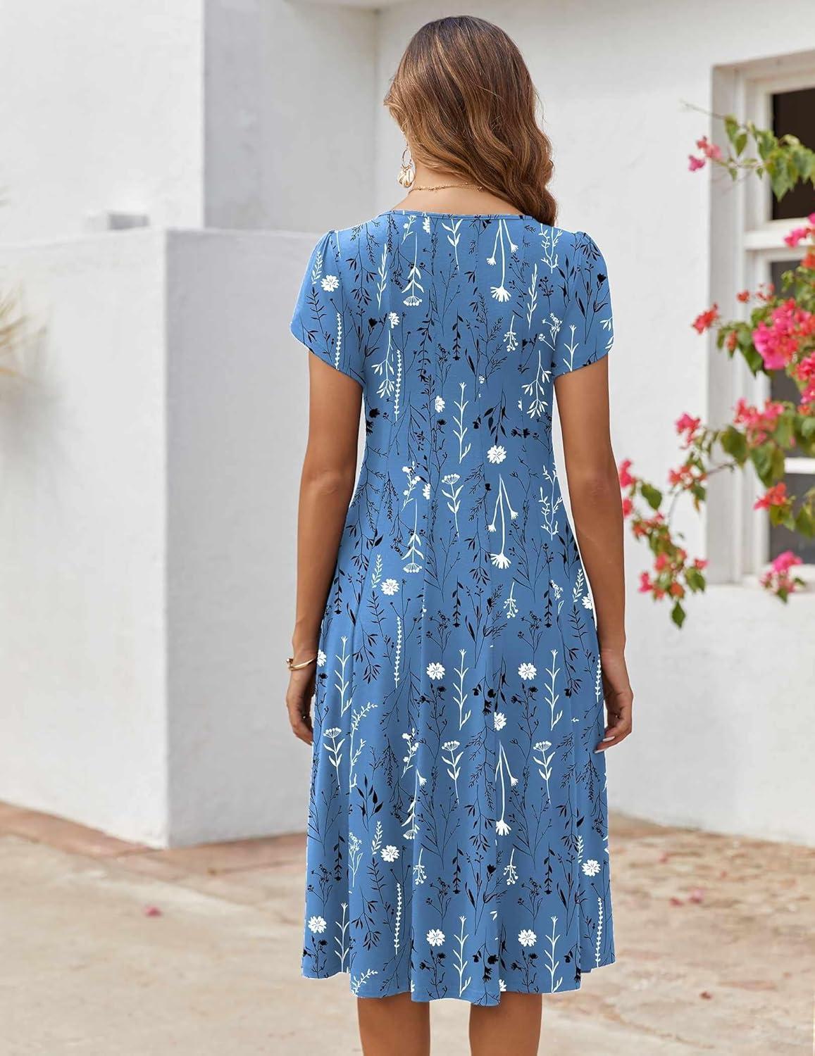 imageZEAGOO Womens Casual Dresses for Summer Short Sleeve Flare Midi Dress Loose Flowy Beach Sundress2602 Blue Flower