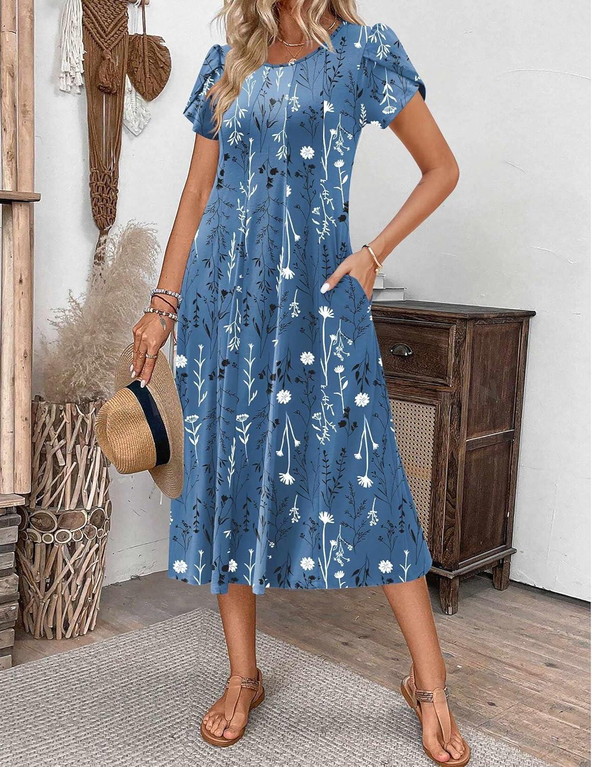 imageZEAGOO Womens Casual Dresses for Summer Short Sleeve Flare Midi Dress Loose Flowy Beach Sundress2602 Blue Flower