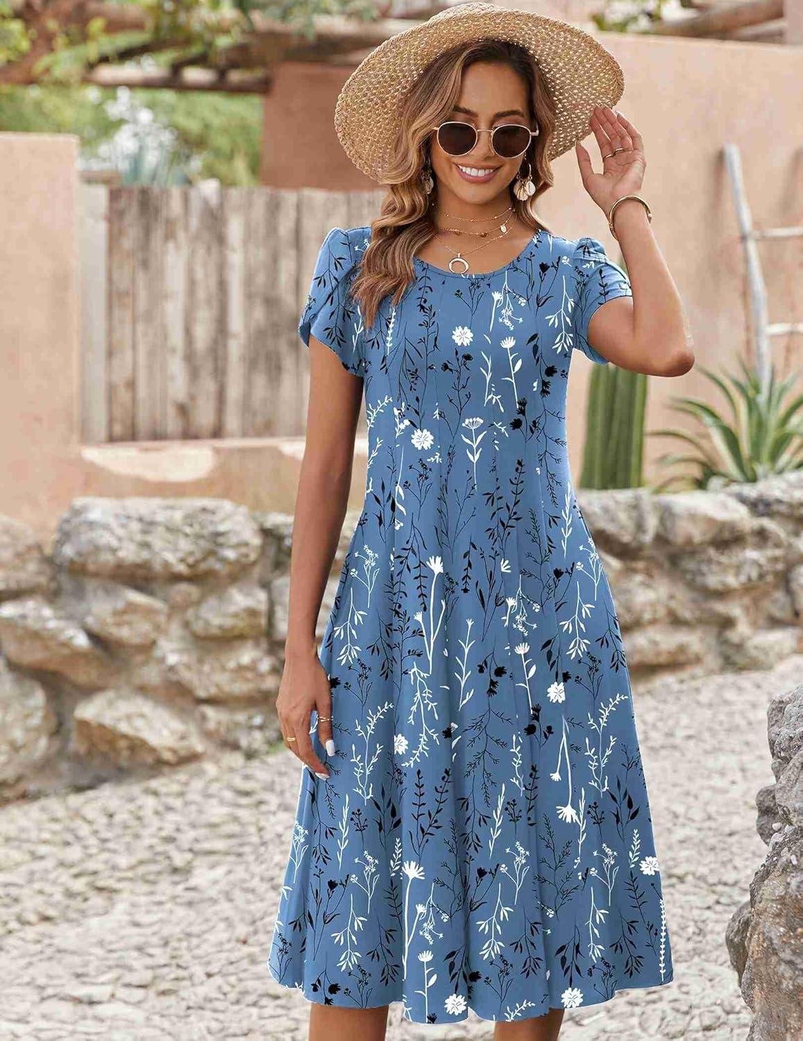 imageZEAGOO Womens Casual Dresses for Summer Short Sleeve Flare Midi Dress Loose Flowy Beach Sundress2602 Blue Flower