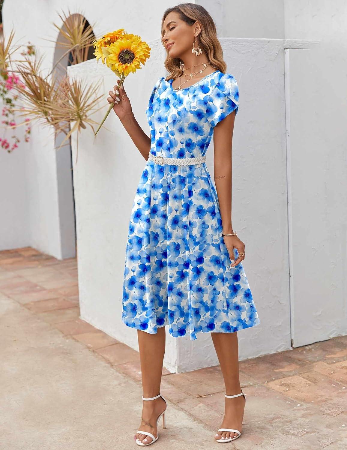 imageZEAGOO Womens Casual Dresses for Summer Short Sleeve Flare Midi Dress Loose Flowy Beach Sundress2602 Light Blue Floral
